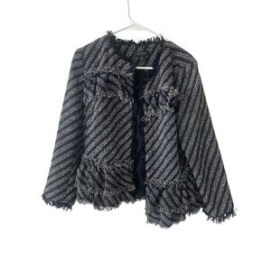 Ann Taylor Womens Black White Tweed Fringe Ruffle Open Front Jacket Size 8 NWT